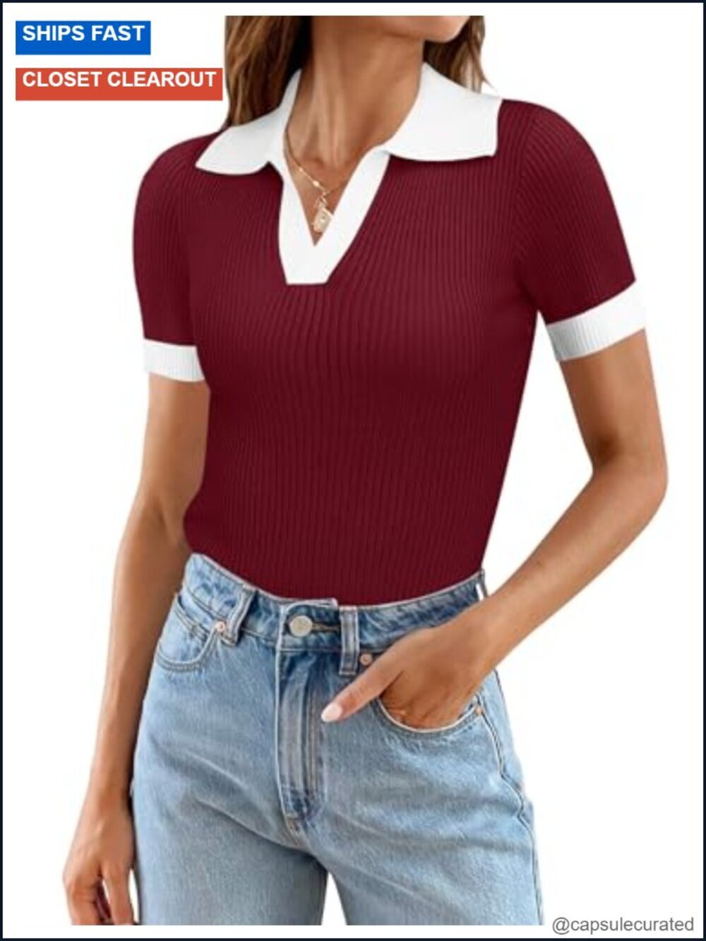 Slim Fit Short Sleeve V Neck Sweater Lightweight Knit Top